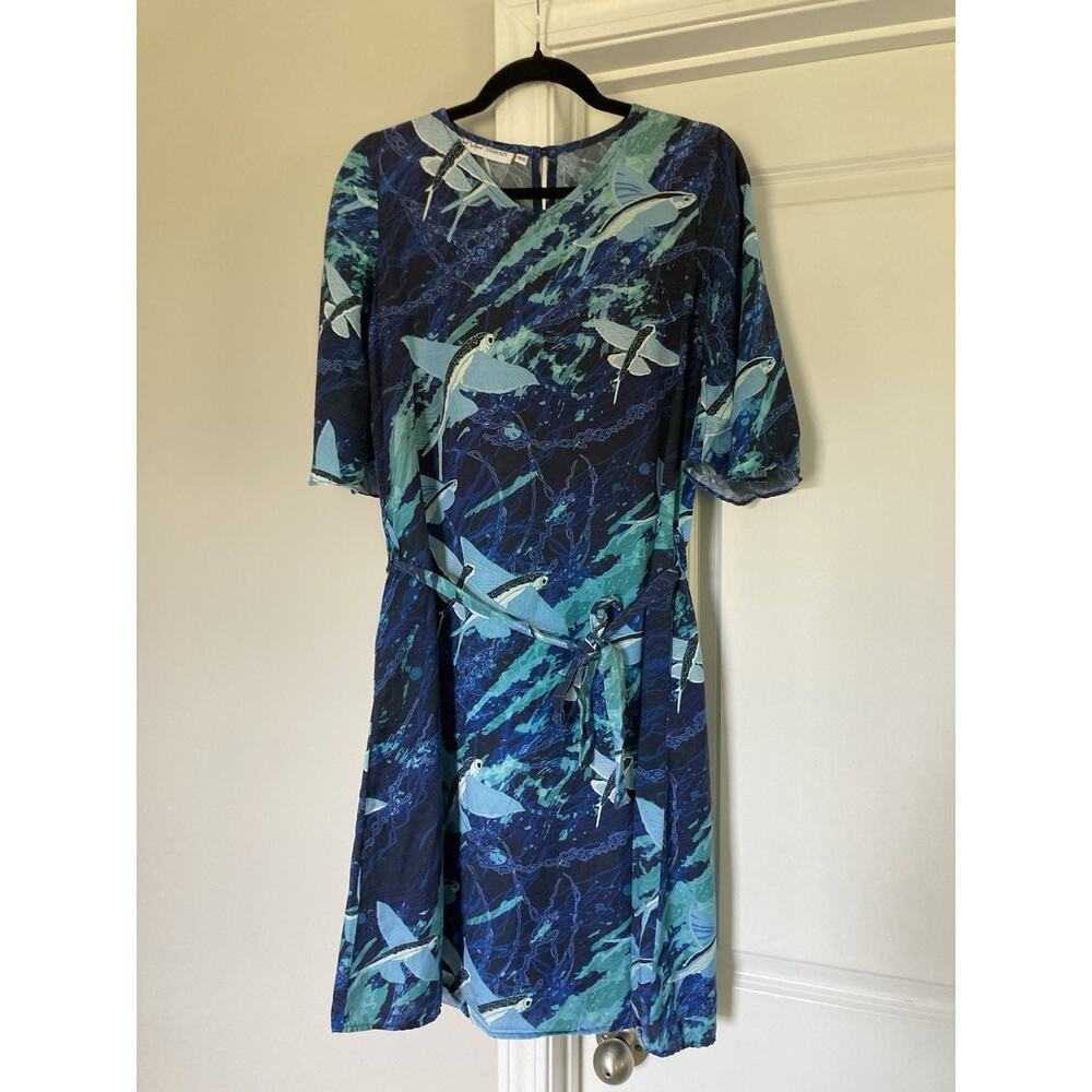 David Shepard Hawaii Dress Ocean Fish Design Tie Waist Size Small Resort Cruise